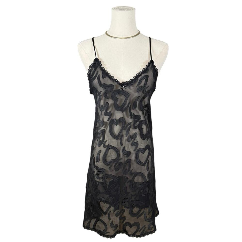 Black Sheer Heart Burnout Slip Dress Lace Bow Back Y2K Whimsigoth Small